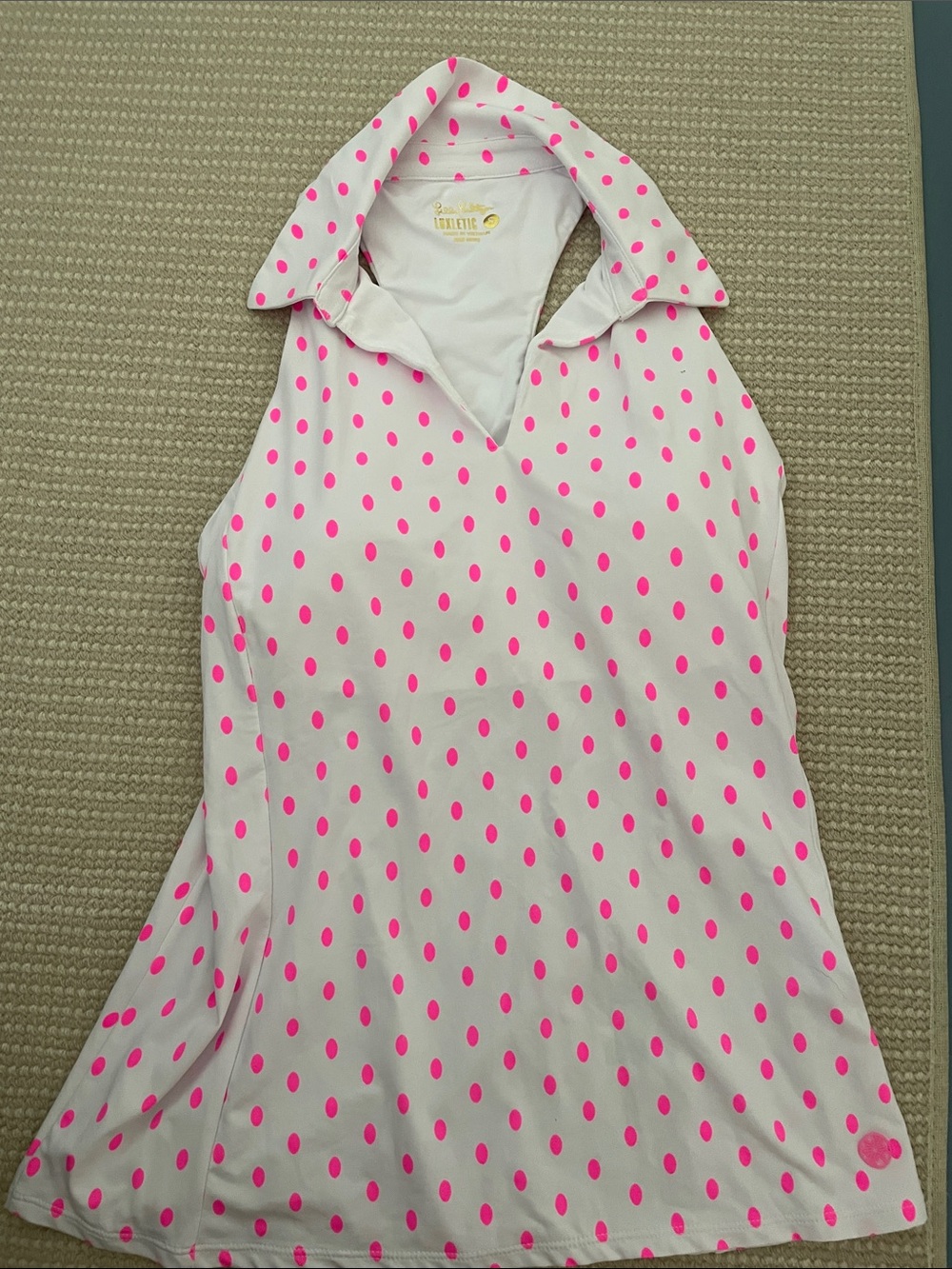 Sleeveless Polo Top - White with Hot Pink Polka Dots